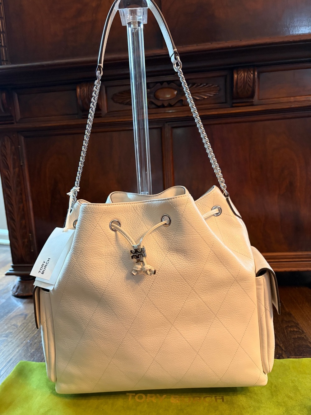 Tory Burch Large Charlie Quilted Drawstring Bag - Light Cream (SOLD OUT ONLINE)